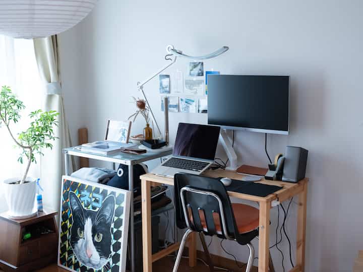 Natural color natural-style single household home office featuring pine wood desk and monitor stand with a simple atmosphere