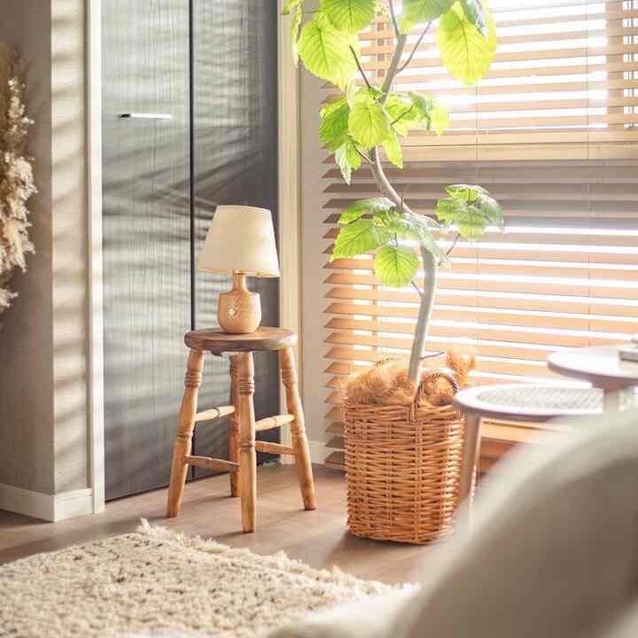 ウッドトーンとナチュラルな植物が調和するバルコニー、かわいいテーブルランプが置かれた雰囲気のあるインテリア