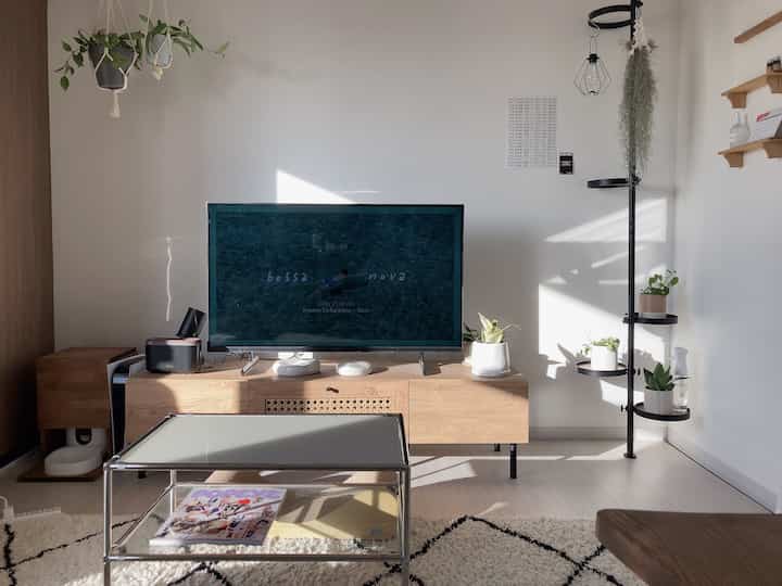 白い壁と木目調家具が配置された1LDKのリビング、シンプルでナチュラルな雰囲気のある植物と照明が印象的な空間