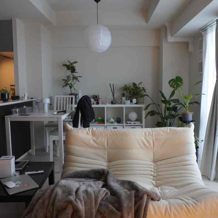 アイボリー色のソファが前景にあり、白いダイニングテーブルと棚、複数の観葉植物が配置された清潔感のある明るいリビングスペース