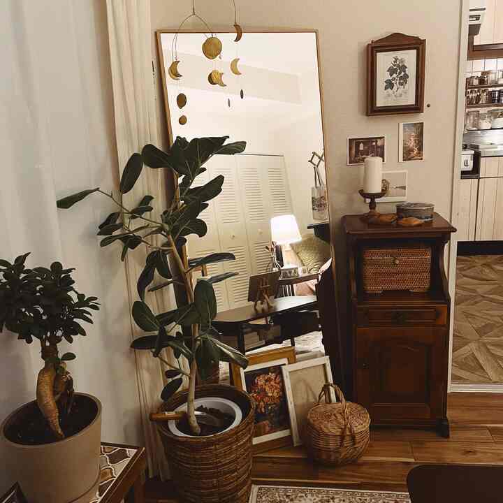 Cozy two-person space featuring natural wood tones, plants, a large mirror, and an antique cabinet with decorative accents