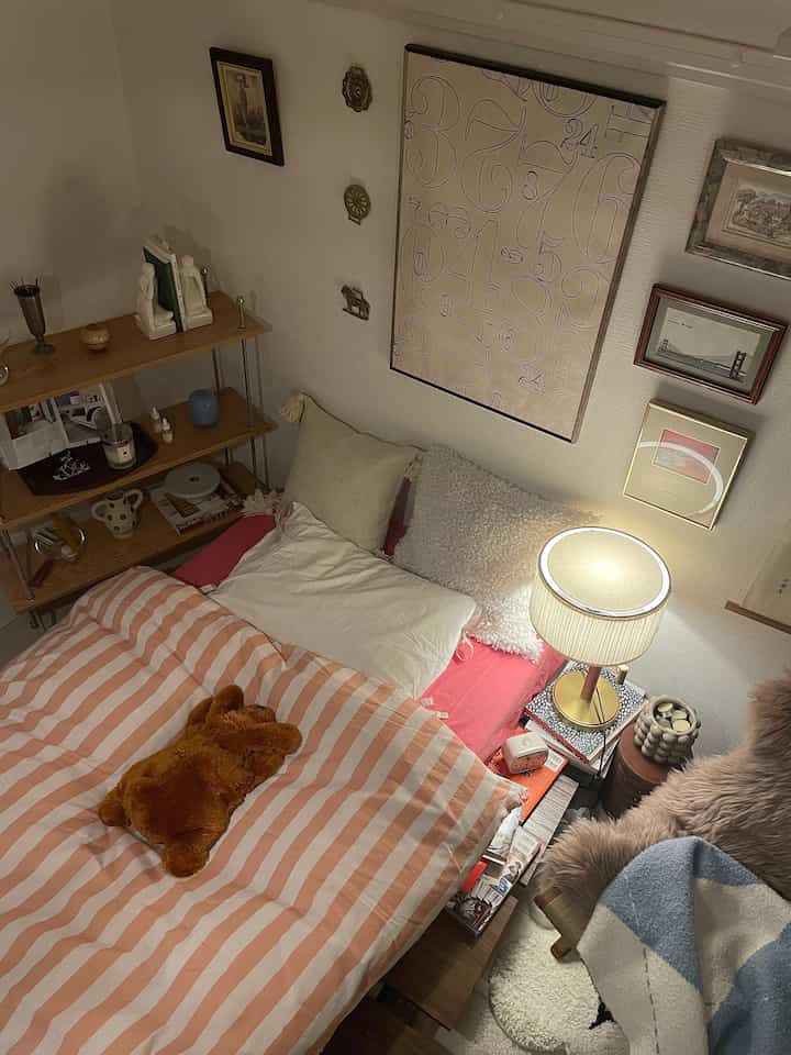 Cozy single bedroom with warm pink bedding and brown cushion, featuring bookshelf and table lamp