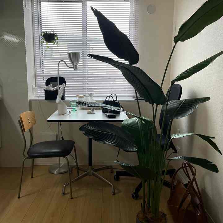 白と茶色のトーンのコンパクトなワンルームのホームオフィス、緑の大きな造花がアクセントの落ち着いた雰囲気のインテリア