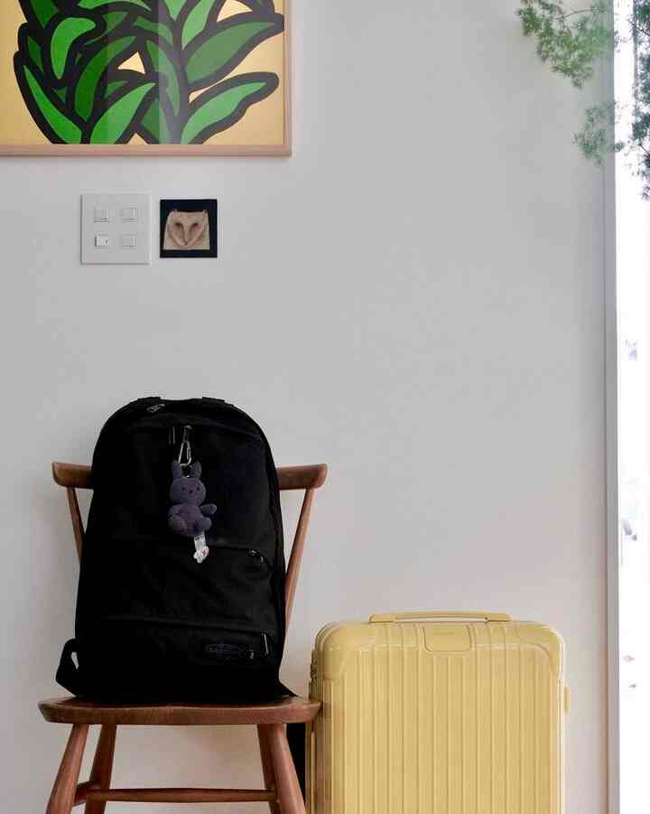 黄色いスーツケースと黒いバックパックが置かれたブラウンの木製チェアがあるモダンな玄関のインテリア