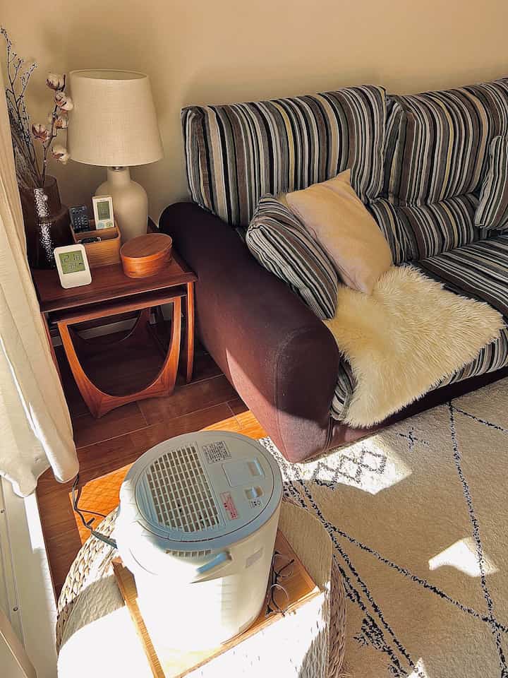 ベージュとブラウンの色調のリビング、ストライプソファと木製サイドテーブル、スツールの上に置かれた加湿器が配置された温かみのある空間