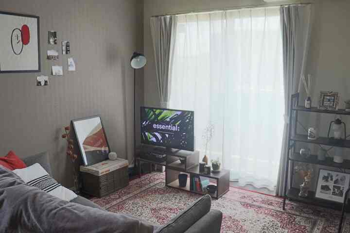 Gray and beige toned 2LDK living room featuring a large patterned rug, TV stand, and sofa in a modern harmonious space