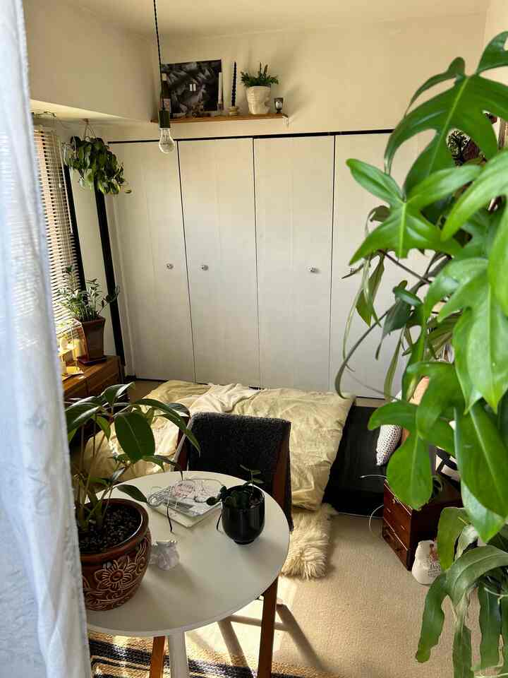 ベージュとホワイトの落ち着いた色調の狭いナチュラルな寝室、植物とシンプルな家具が配置された雰囲気のあるインテリア