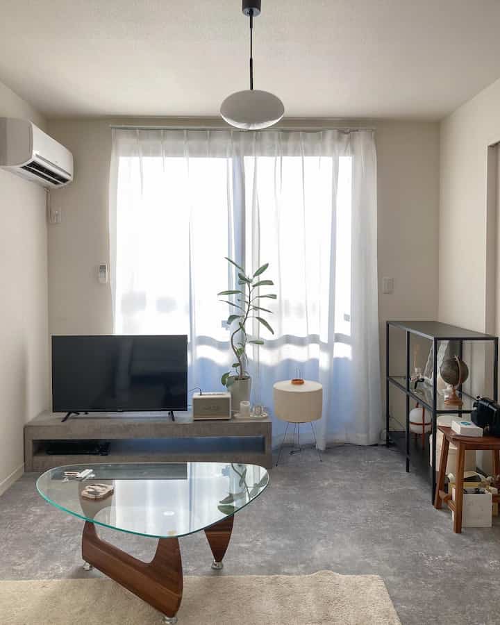 モノトーンの1LDKリビング、ガラステーブルとテレビ台、観葉植物とフロアランプが配置されたシンプルでジャパンディスタイルの空間