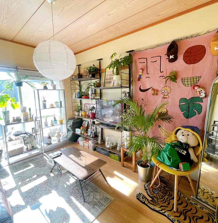 Wood tone living room filled with various colorful decorations and abundant green plants, bright and cozy atmosphere