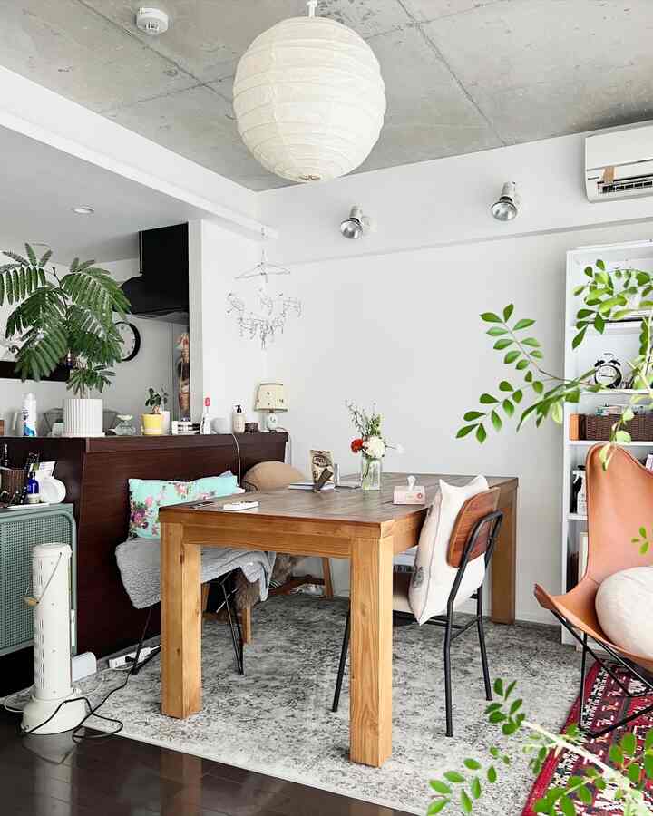 ナチュラルカラーとホワイトのトーンのダイニングルーム、木製のダイニングテーブルと椅子、植物が配置された雰囲気のあるインテリア