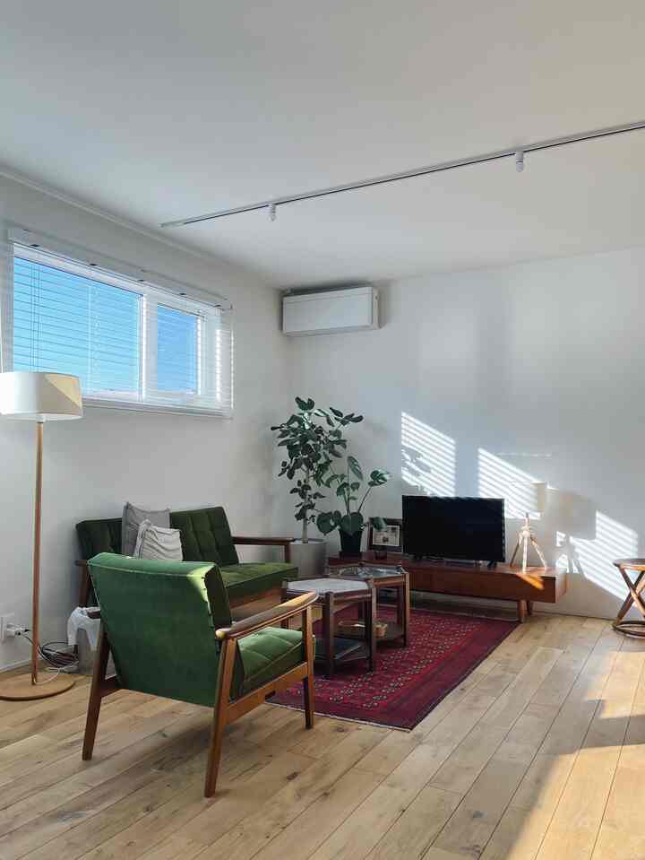 明るい木目調の床と白い壁、緑色のヴィンテージソファと赤いヴィンテージラグが配置されたリビングルーム、壁にブラインドの影が映っている雰囲気のあるインテリア