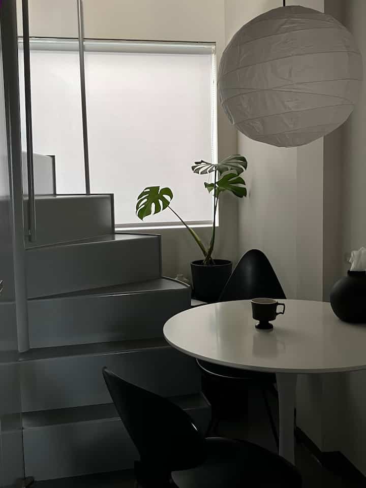 モノトーンの小さなダイニング、白いダイニングテーブルと黒いチェア、有機的な植物とペンダントライトが配置された印象的な空間