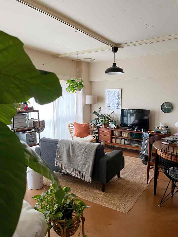 Natural modern living room with brown wood tones and green plants, featuring a cozy sofa and a round dining table