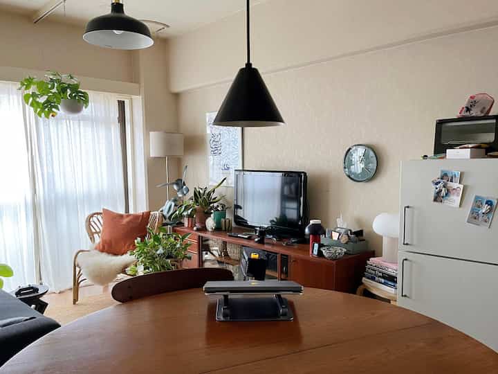 A natural beige and brown toned dining room featuring a wooden round dining table, various plants, a TV, and a refrigerator with a warm atmosphere