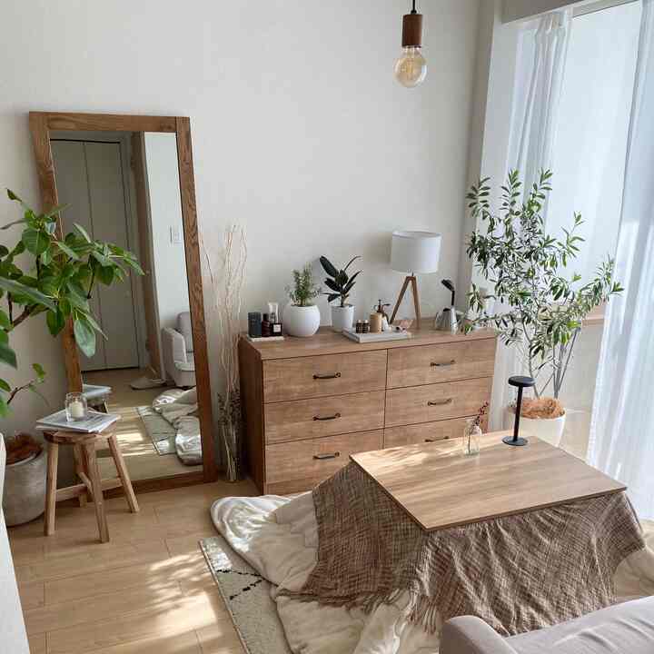 Natural tone living room with soft sunlight, white walls, and wooden furniture creating a cozy atmosphere