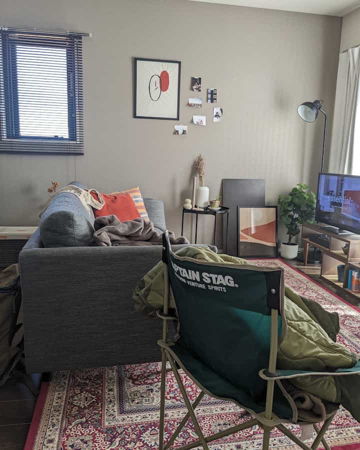 ナチュラルモダン風の二人暮らし用リビングルーム、グレーのソファと大きな柄のラグがあり、窓にはブラインドと白いカーテンが配置されている