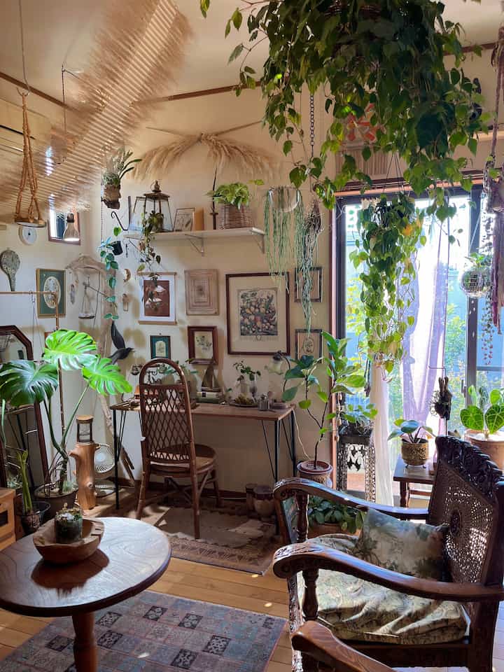 Natural color vintage-style living room featuring various plants and wood tone furniture, creating a cozy indoor garden space