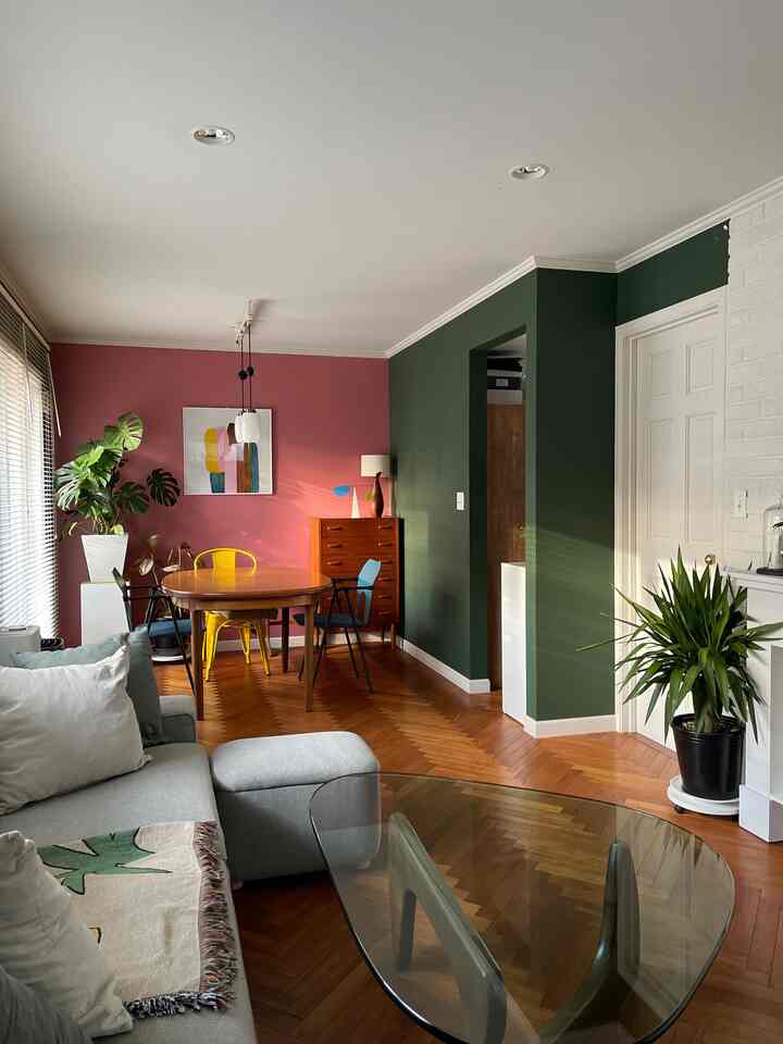 ピンクとダークグリーンの壁が調和するリビング、木製ダイニングテーブルと透明なコーヒーテーブル、多様な椅子と植物が配されたナチュラルな空間