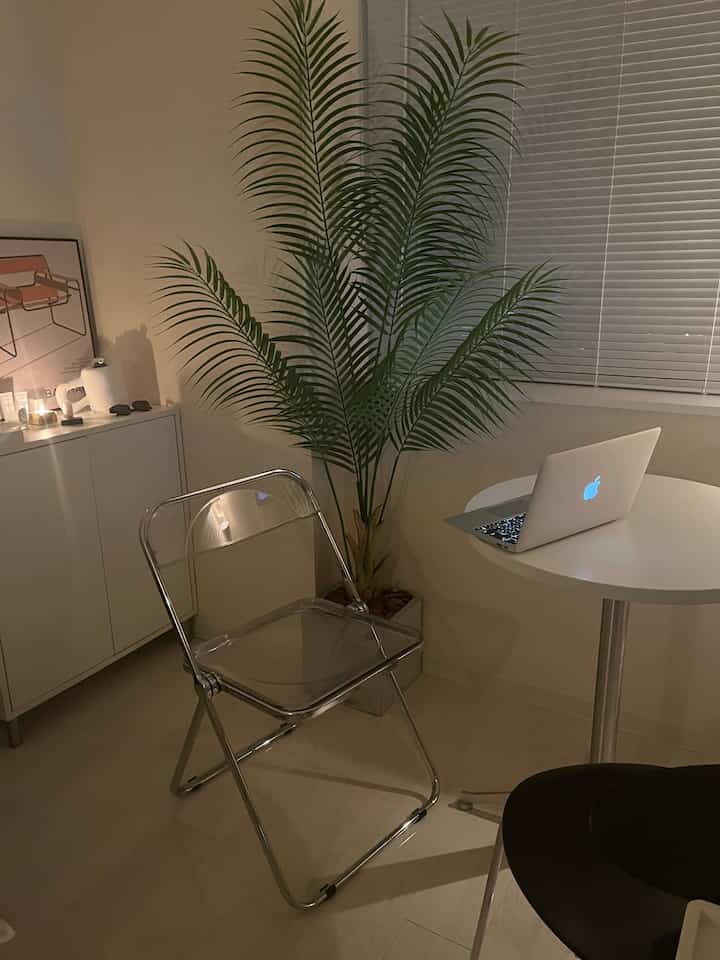 透明な椅子と白い円形のダイニングテーブルが配置された、狭くシンプルなワンルーム空間、緑の植物がアクセント