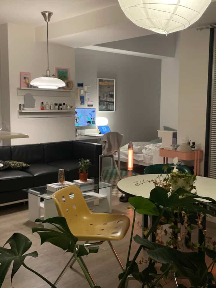 White and black toned studio apartment combining living room and bedroom, featuring modern furniture and plants for cozy ambiance
