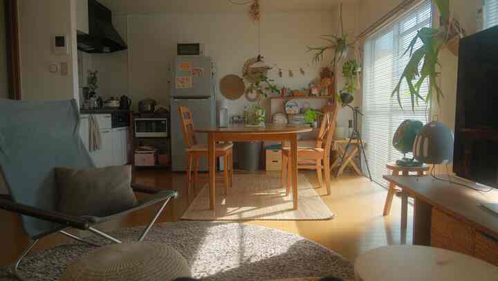 ナチュラルな木目調とベージュの色調が特徴の1LDKのダイニング、中央に食卓と椅子が配置された温かみのある空間