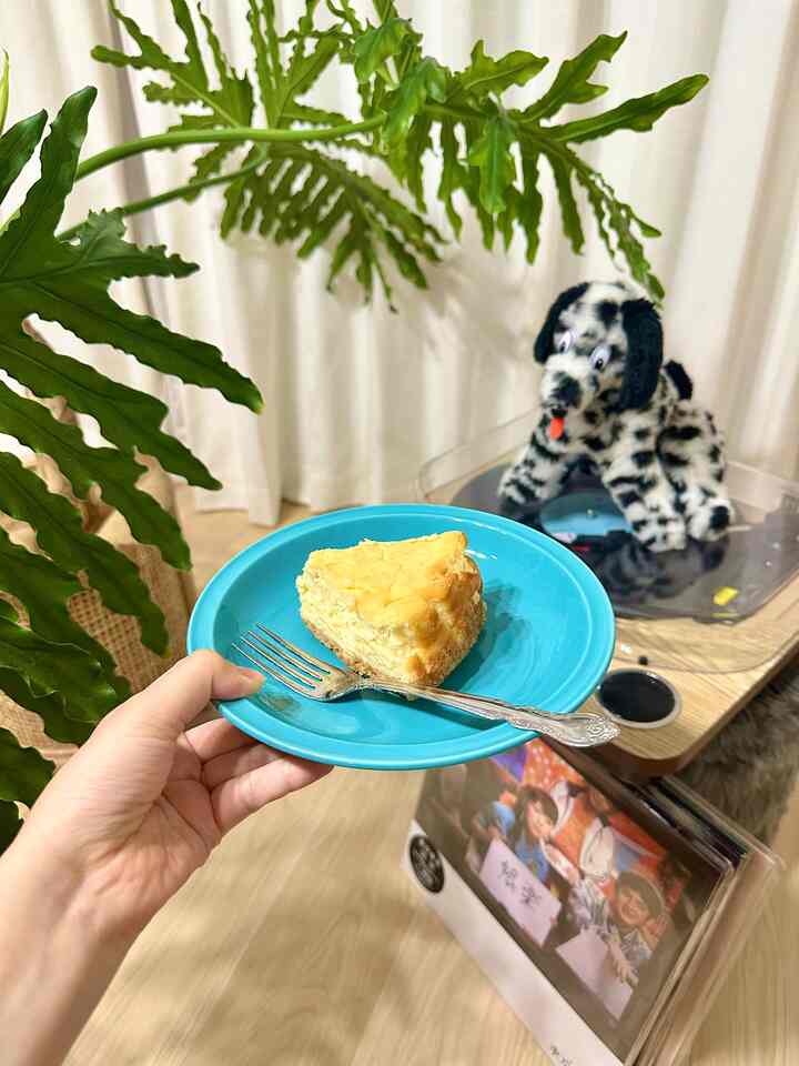 ナチュラルな色調の空間、緑の植物とぬいぐるみの犬が配置された雰囲気あるおうちカフェ