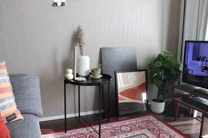 Modern living room in gray and black tones featuring IKEA side table and plants with a cozy atmosphere