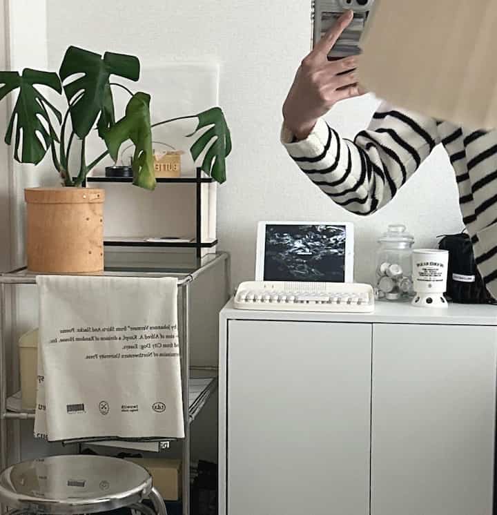 White-dominant modern minimal room featuring a desk with tablet and white keyboard, shelf with green plant and wooden tone pot
