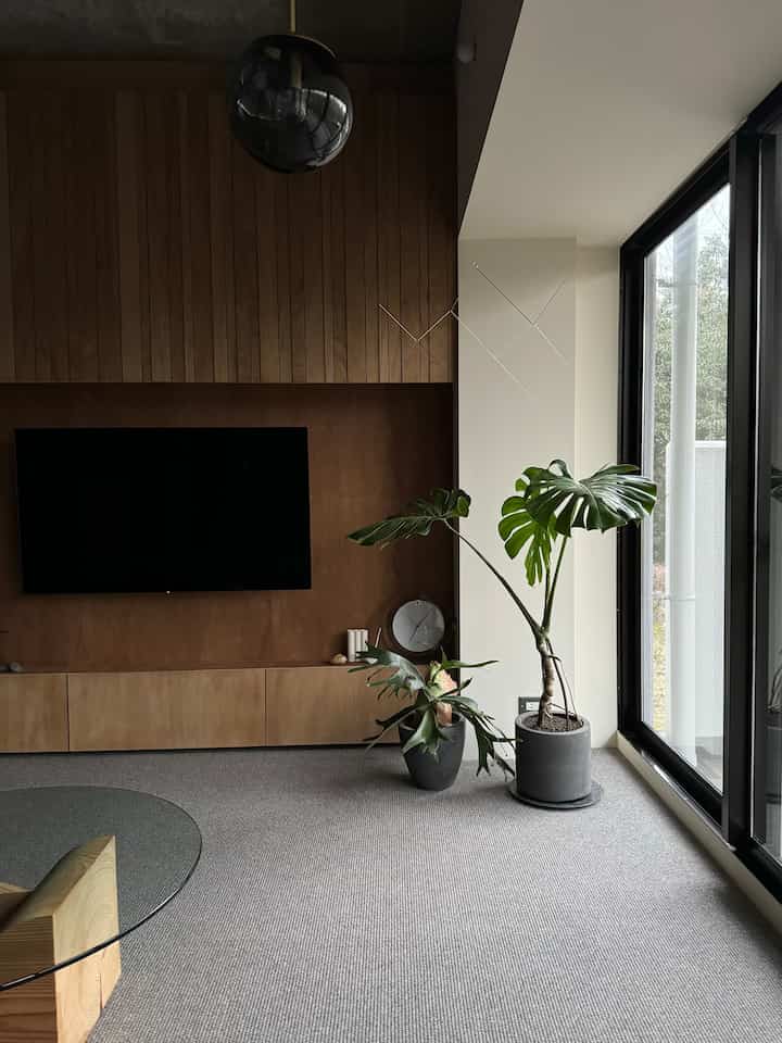 暗めの木目調壁と大きな植物が配されたモダンなリビング、落ち着いた自然な雰囲気のインテリア