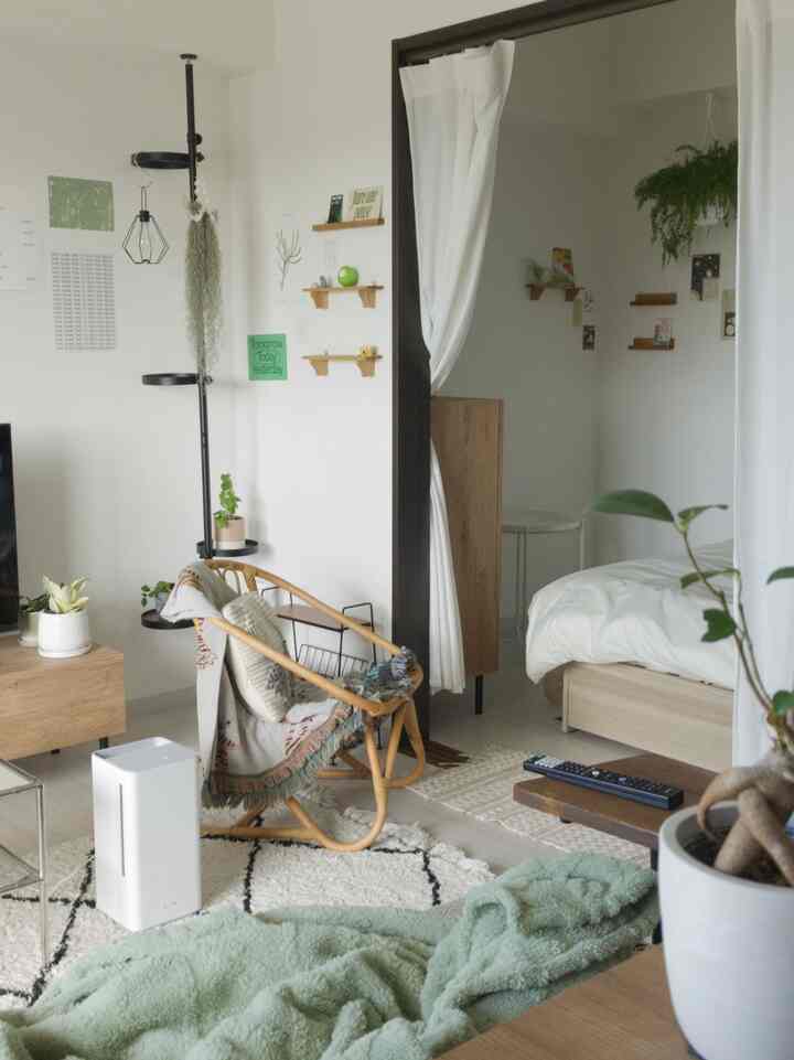 白とベージュ色調の1LDKのリビングと寝室、ラタンのアームチェアと植物が配置されたナチュラルな空間