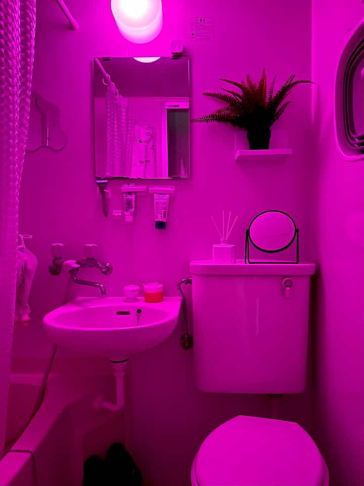 どピンク🦩
おもろいかなと思って試してみたけどオススメはしません笑
調色ライトなので日頃は普通の灯りです💡

#ユニットバス #一人暮らし #一人暮らし男子 #一人暮らし部屋 #一人暮らしインテリア #ひとり暮らし #ひとり暮らしインテリア #ワンルーム #ワンルームインテリア #ワンルーム一人暮らし #狭い部屋 #インテリアコーディネート #インテリア雑貨 #インテリア小物 #1K #1K6畳 #6畳 #無印良品 #ikea #화장실 #욕실 #셀프인테리어그램 #셀프인테리어 #인테리어코디네이트 #인테리어소품 #bathroom #interior #roomdesign #roomdecor #roomtour