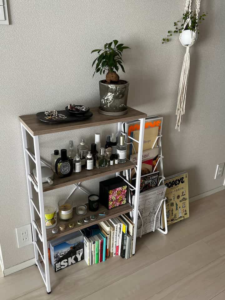 白と茶色のナチュラルスタイルのリビング、印象的な本棚とマガジンラック、植物が配置された落ち着いた空間