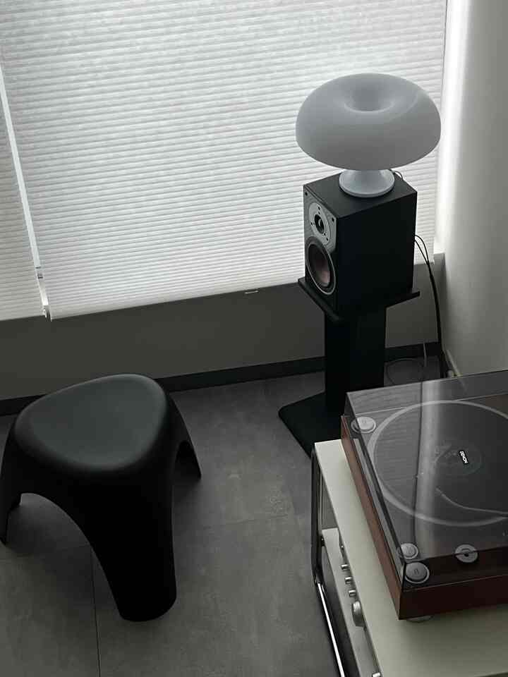 Modern minimalist black and white space featuring an elephant-shaped stool and an audio record player setup