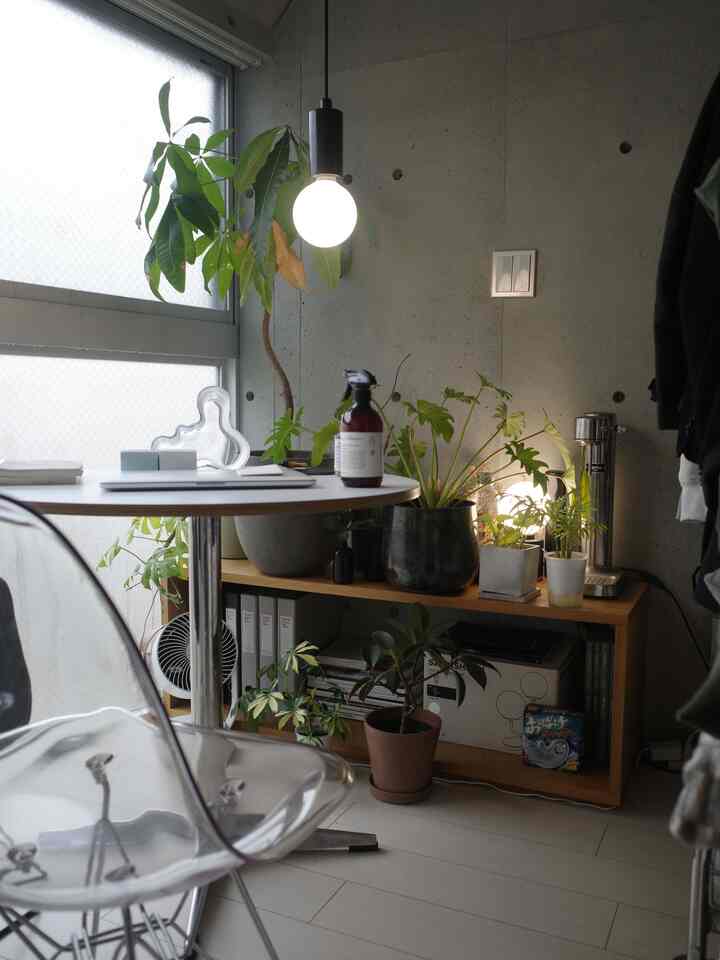 ナチュラルトーンの小さなホームオフィス、白い円形テーブルと透明な椅子、多数の緑の植物が配置された雰囲気のある空間