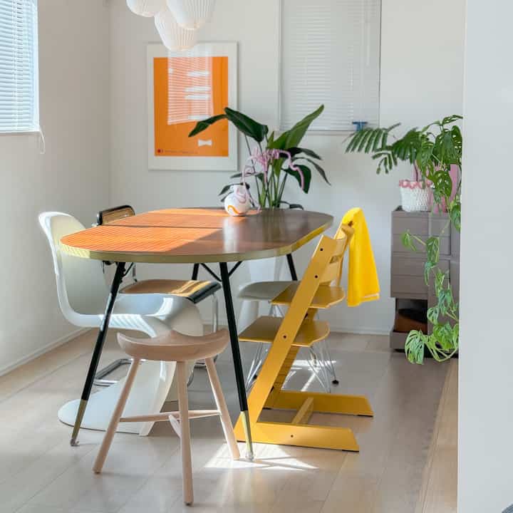 3人家族だけど椅子が好きなのでいっぱいあります😂これ以上は置き場がないので、増やせないのが辛い、、！娘(2歳)の食べこぼし対策で床には透明のシートを敷いています◎お子様がいる方には超絶おすすめです👧
#ダイニング #ダイニングテーブル #ダイニングチェア #パントンチェア