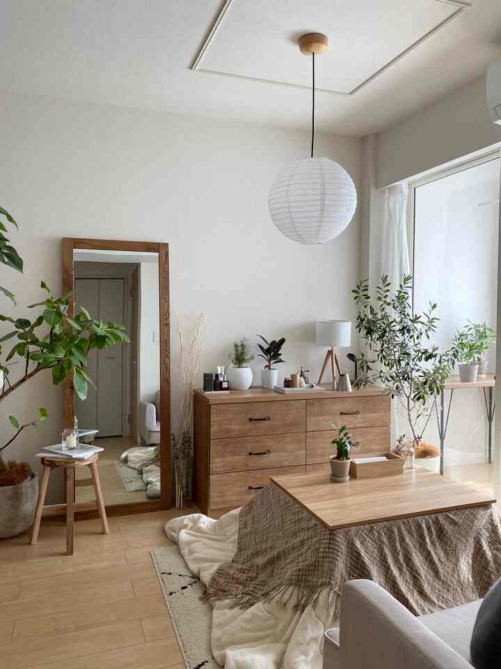 ナチュラルな木目調と植物が配置されたリビング。柔らかな照明で温かみのある雰囲気の空間