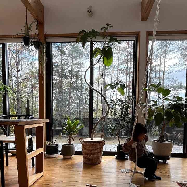 ナチュラルな色調のベランダ隣接リビング、複数の植物と木製ダイニングテーブルが配置され、子供がロープブランコに乗っている印象的な空間