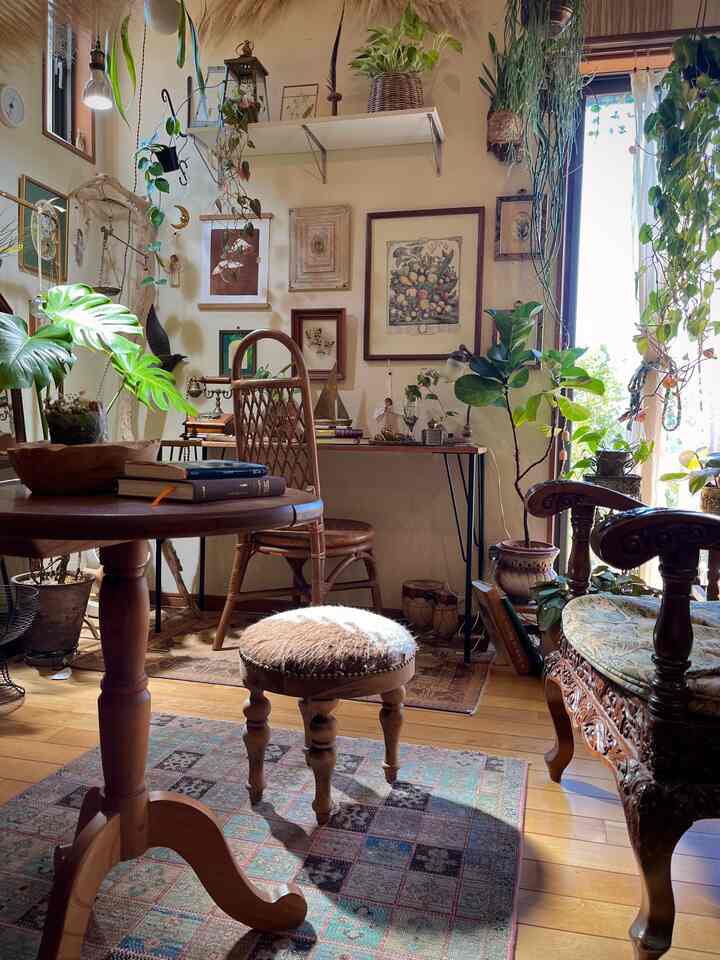 Cozy living room with natural wood tones, vintage furniture, and abundant indoor plants