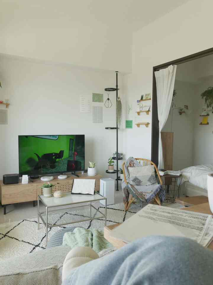 White and brown toned 1LDK living and bedroom space featuring natural modern sofa and TV stand with a cozy atmosphere