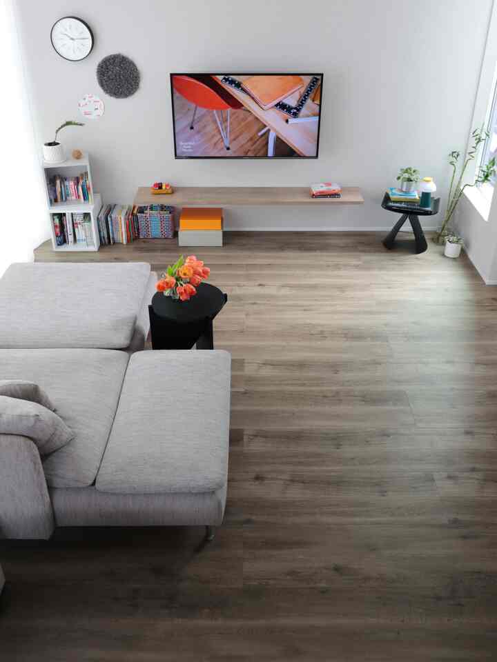 Simple living room with white walls and natural wood flooring, featuring a gray sofa and black side tables