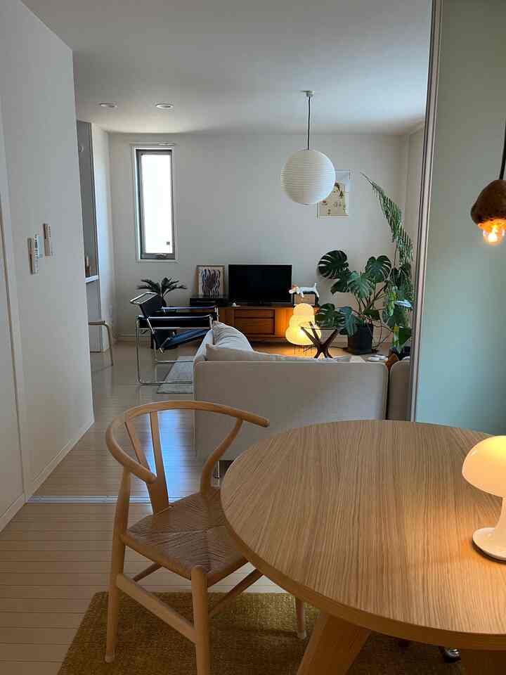 Natural tone living and dining room featuring a wooden dining table, armchairs, and a pendant light in a warm atmosphere