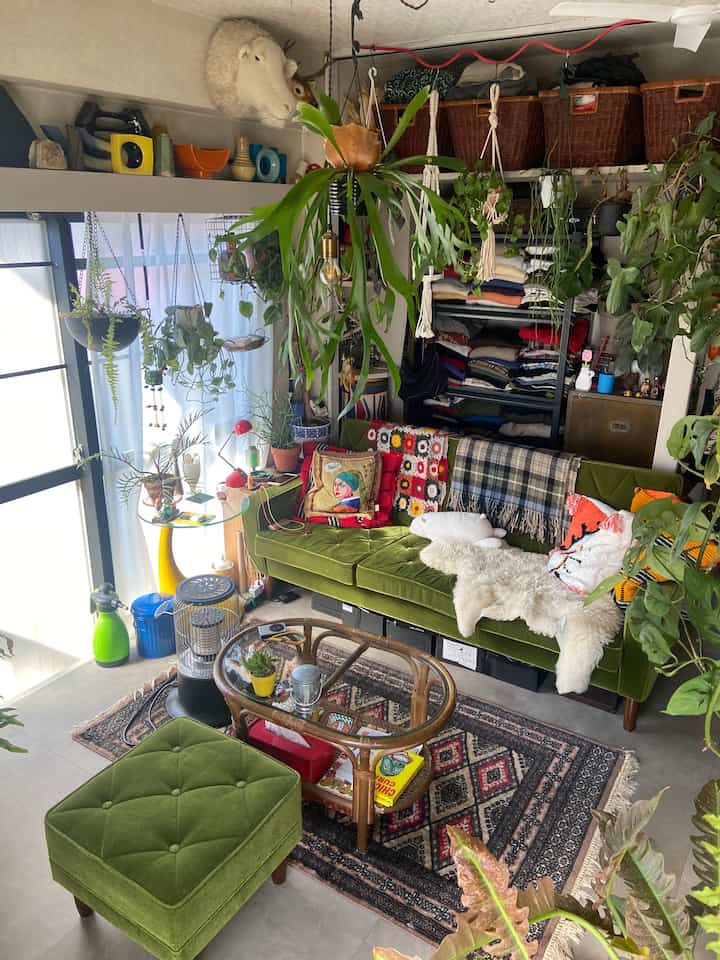 Green-toned living room featuring vintage sofa and ottoman, various plants, and cushions creating a cozy, eclectic atmosphere