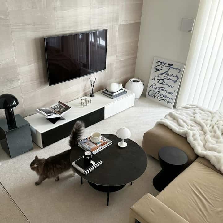 White and beige toned living room featuring a round black coffee table, beige sofa, and a cat, showcasing modern and natural style