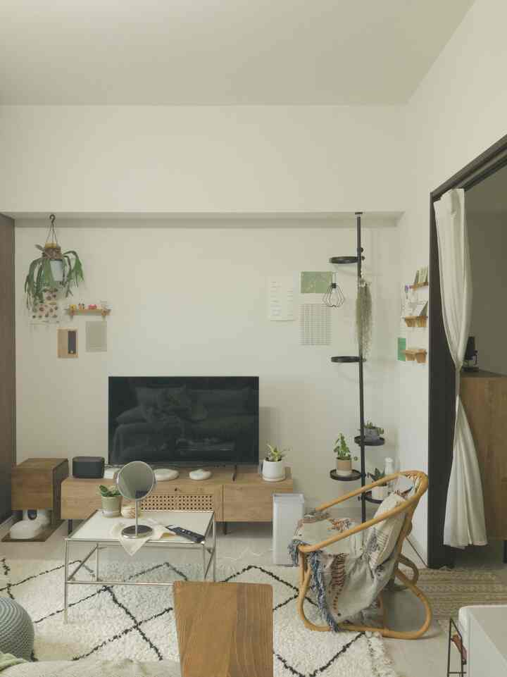 ホワイトと木目調が調和した1LDKのリビング、自然素材の家具と植物が配置された雰囲気のある空間