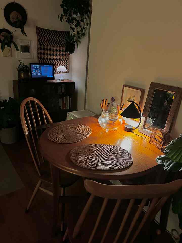 Warm wood-tone vintage dining room featuring natural plants and a table lamp creating a cozy ambiance