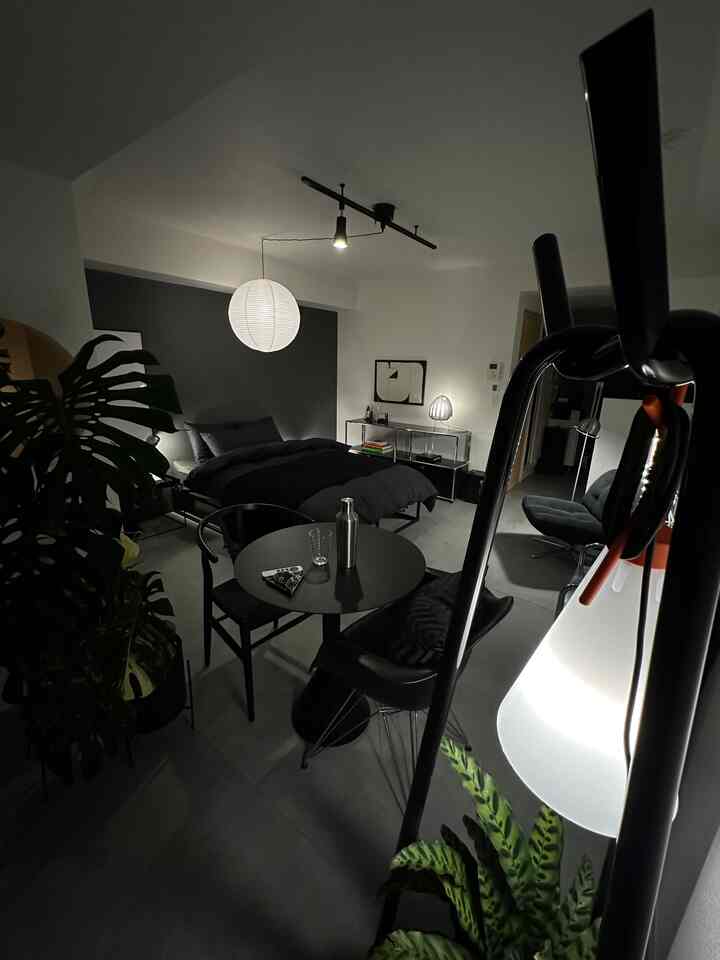 Monotone black and white studio apartment bedroom featuring modern, simple furniture and lighting in a compact space