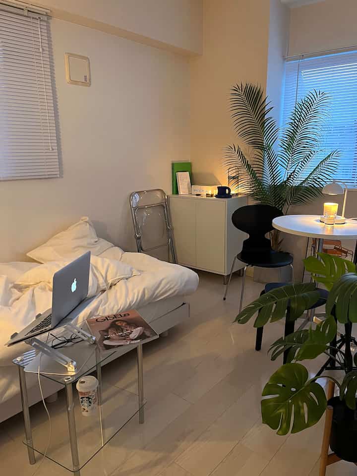 Cozy small studio apartment in white and black tones featuring bed, dining chair, and lush green plants