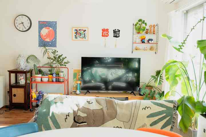 Bright living room with white walls and wood tones featuring a TV stand and sofa with a natural atmosphere