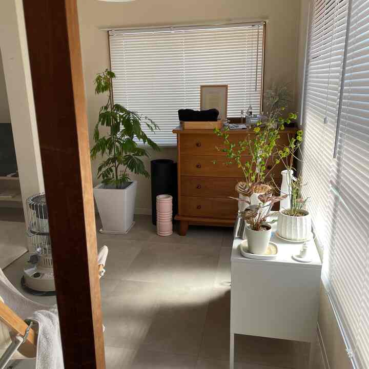 白と茶色の落ち着いた色合いのリビング、右側に木製のチェストがあり、手前には鉢植えと小さな白いキャビネットが配置された自然な印象の空間