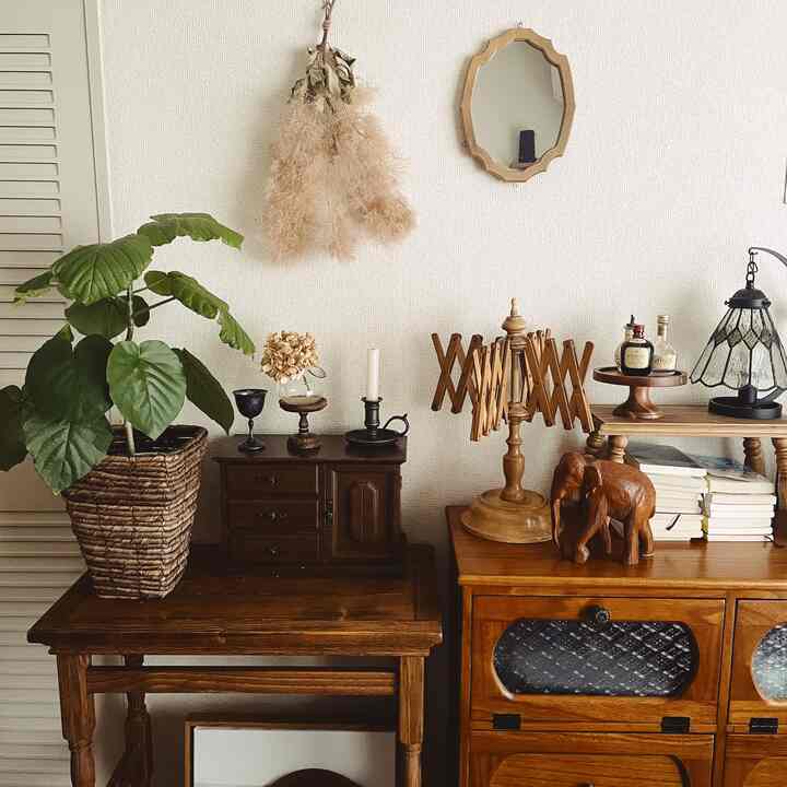 Brown wood-toned vintage living room featuring wooden furniture and plants, creating a natural and retro atmosphere